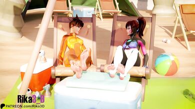 Tracer and Dva Get Their Clits Licked by Two Horny Guys