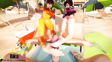 Tracer and Dva Get Their Clits Licked by Two Horny Guys
