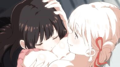 Takina's Clothed Orgasm on Top of Chistato's Naked Breasts