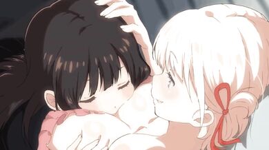 Takina's Clothed Orgasm on Top of Chistato's Naked Breasts