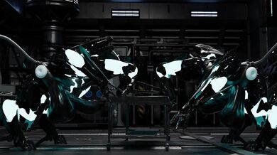 Two sexually aroused wolf-like creatures with bladed weapons engage in erotic acts.