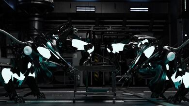 Two sexually aroused wolf-like creatures with bladed weapons engage in erotic acts.