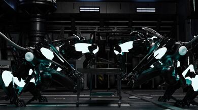 Two sexually aroused wolf-like creatures with bladed weapons engage in erotic acts.