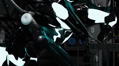 Two sexually aroused wolf-like creatures with bladed weapons engage in erotic acts.