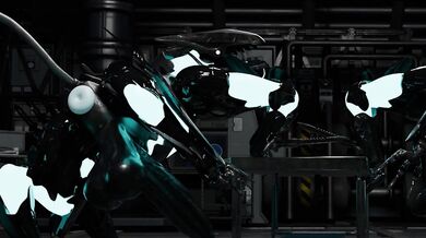 Two sexually aroused wolf-like creatures with bladed weapons engage in erotic acts.