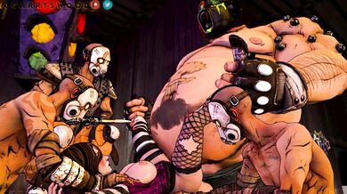 Moxxi tied up and ravaged by the Psychos, then fucked senseless by Roadhog in a Garry's Mod porn parody