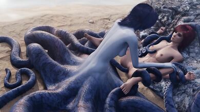 Tentacle and human flesh on the sand: A beach orgy with Octo-girl and her human plaything