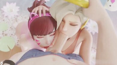 D.va Swallows Mercy's Cock Until He Cums in Her Mouth