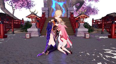 Aether-chad's Hot Threesome with Ei and Miko at the Shrine, Complete with Explosive Orgasms!