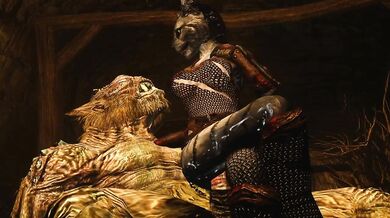 Khajiit Gives Tribute to a Giant Troll's Swollen Cock