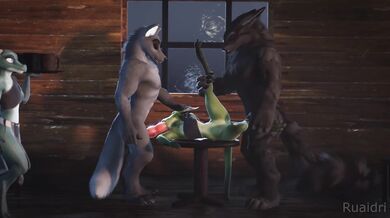 Wolves split-rod the kobold's butthole with a double-penetration!