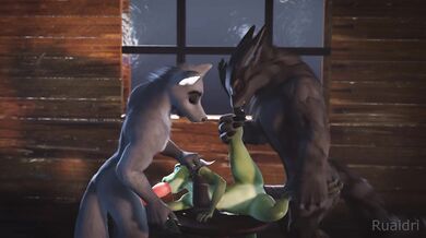 Wolves split-rod the kobold's butthole with a double-penetration!