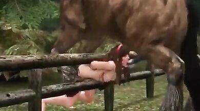 Girl Rides Horse Then Takes A Ride On His Throbbing Cock