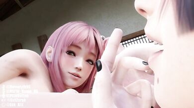 Double the Pleasure with Honoka's Futanari Cock and Nyotengu's Vagina, While Marie Rose Watches in Awe.