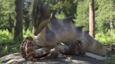 In the furry lizard forest, a rider mounts up on a Dzäta and sets out into the wild