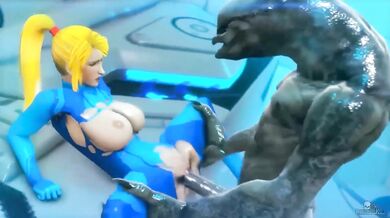 Space Bounty Hunter Samus Aran takes on a massive purple cock in her tight power suit!