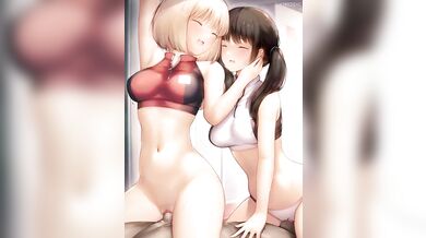 Two slutty girls, Chisato and Takina, getting their pussies destroyed by a random guy in the woods.