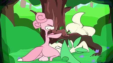 Bayleef gets ravaged by slow and steady Slowpoke in a lush woodland setting.