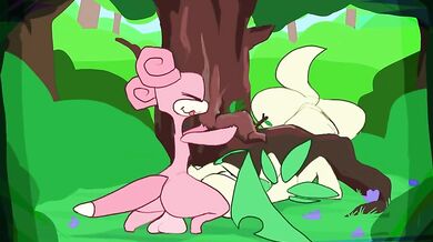 Bayleef gets ravaged by slow and steady Slowpoke in a lush woodland setting.