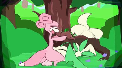Bayleef gets ravaged by slow and steady Slowpoke in a lush woodland setting.