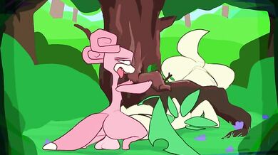 Bayleef gets ravaged by slow and steady Slowpoke in a lush woodland setting.