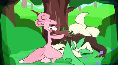 Bayleef gets ravaged by slow and steady Slowpoke in a lush woodland setting.