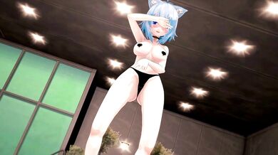Neko-Naughty: Horny Hololive Cat Girl's Underwear Dance Party with MMD'd Blue-haired Nekomata Okashi