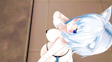 Neko-Naughty: Horny Hololive Cat Girl's Underwear Dance Party with MMD'd Blue-haired Nekomata Okashi