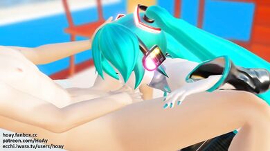 A vocaloid moans in pleasure as her tight ass is penetrated deep while giving a blowjob in Anal Vocaloid Blowjob Orgy