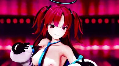 Hayase Yuuka's Blue Archive with Half Nude Dance and No Bra, Queencard Hentai MMD 3D, Red Hair