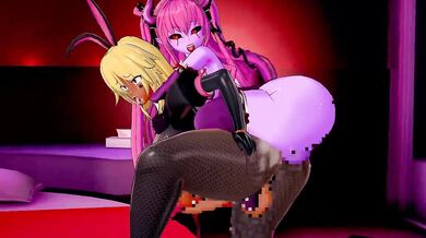 Futa Devils Mizuki and Yukikaze take on Futa Dark Skin Shiranui in a steamy hentai fuck fest.