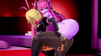 Futa Devils Mizuki and Yukikaze take on Futa Dark Skin Shiranui in a steamy hentai fuck fest.