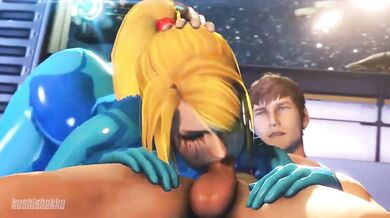 Cum guzzling Samus Aran gets banged in the mouth by a massive cock - Kushishekku