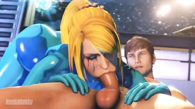 Cum guzzling Samus Aran gets banged in the mouth by a massive cock - Kushishekku