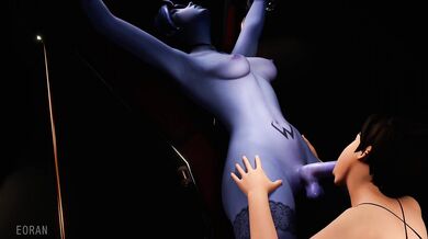 Widowmaker receives Tracer's oral worship while bound to a Saint Andrew's Cross