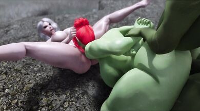 Elf Trap Orgy: Curvaceous Fae and Half-Orc Gangbanged by Futanari Orc with Humongous Cock.