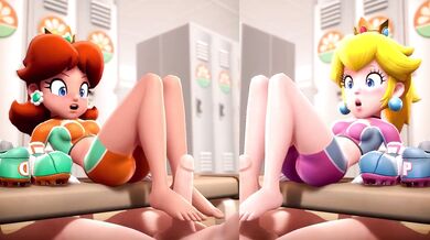 Barefoot Daisy and Peach Giving Foot Jobs on a Sofa