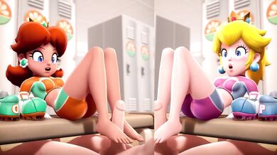 Barefoot Daisy and Peach Giving Foot Jobs on a Sofa