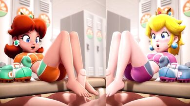 Barefoot Daisy and Peach Giving Foot Jobs on a Sofa