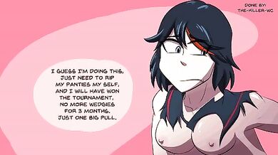 Ryuko's tight ass getting a deep wedgie fucked by two cocks at the same time, with anal creampie.