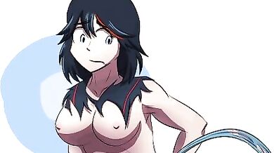 Ryuko's tight ass getting a deep wedgie fucked by two cocks at the same time, with anal creampie.