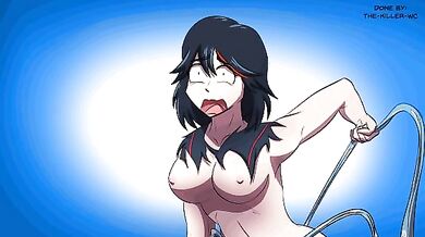 Ryuko's tight ass getting a deep wedgie fucked by two cocks at the same time, with anal creampie.