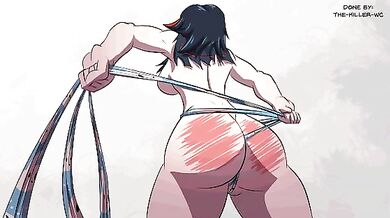 Ryuko's tight ass getting a deep wedgie fucked by two cocks at the same time, with anal creampie.