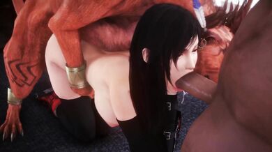Doggy Style with Tifa and Red XIII, while Barret's Got Two Fists Full of Cum