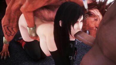 Doggy Style with Tifa and Red XIII, while Barret's Got Two Fists Full of Cum