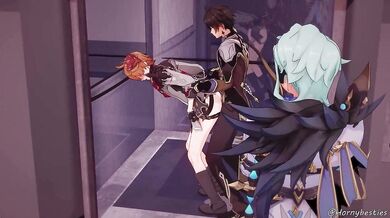 Chineeze slut Zhongli gets fucked by her young boss in a lift