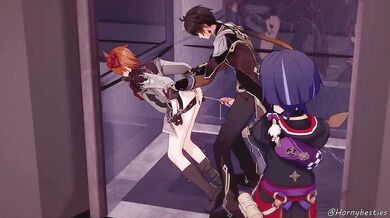 Chineeze slut Zhongli gets fucked by her young boss in a lift