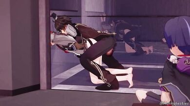 Chineeze slut Zhongli gets fucked by her young boss in a lift