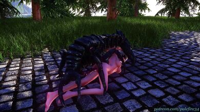 Horny humanoid huntress battles bug-like beast in a raunchy romp