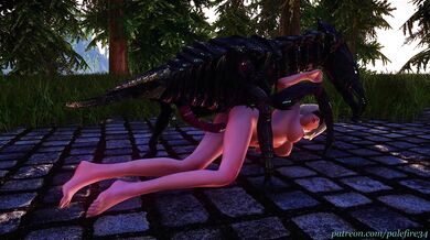 Horny humanoid huntress battles bug-like beast in a raunchy romp